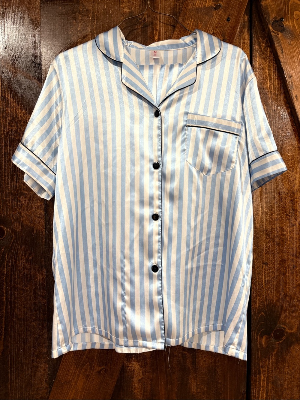 Striped Blue & White Satin Short-Sleeve Pajama Top and Pants Set
